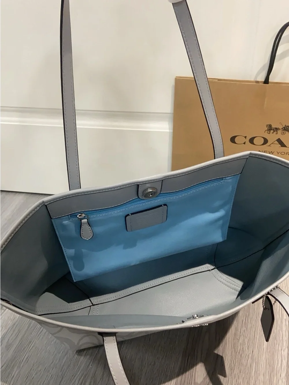 Coach Signature Reversible Tote in Light Gray and White